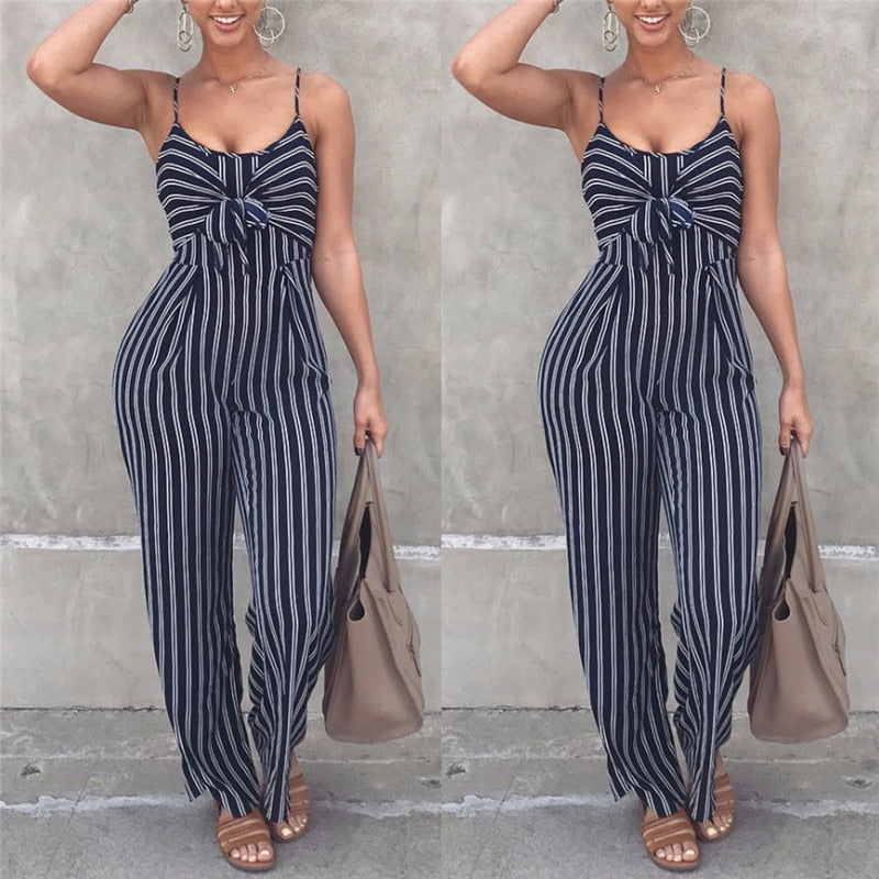 Blue Stripe Backless Jumpsuit: Casual Charm with Seduction