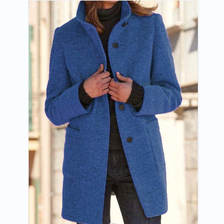 Autumn and Winter Perfect Retro Solid Button Standing Neck Woolen Coat