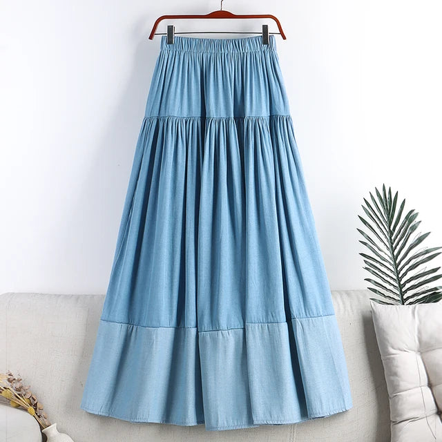 Vintage Long Patchwork Denim Skirt High Waist Retro A-line Jeans