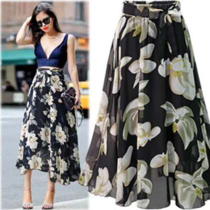 Large Swing Chiffon Skirt in Floral Black and Blue