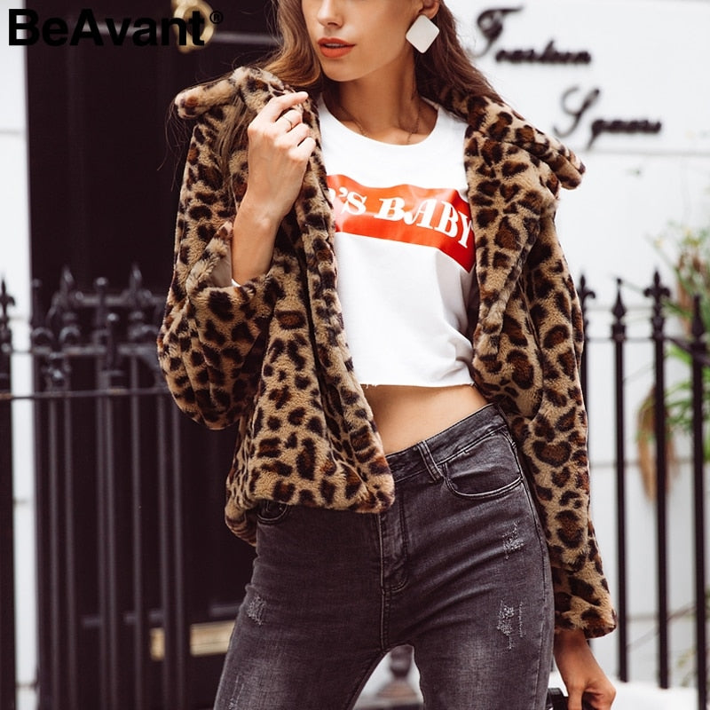 Streetwear leopard print faux fur coat Women soft short winter jacket coat Female casual button pocket outwear