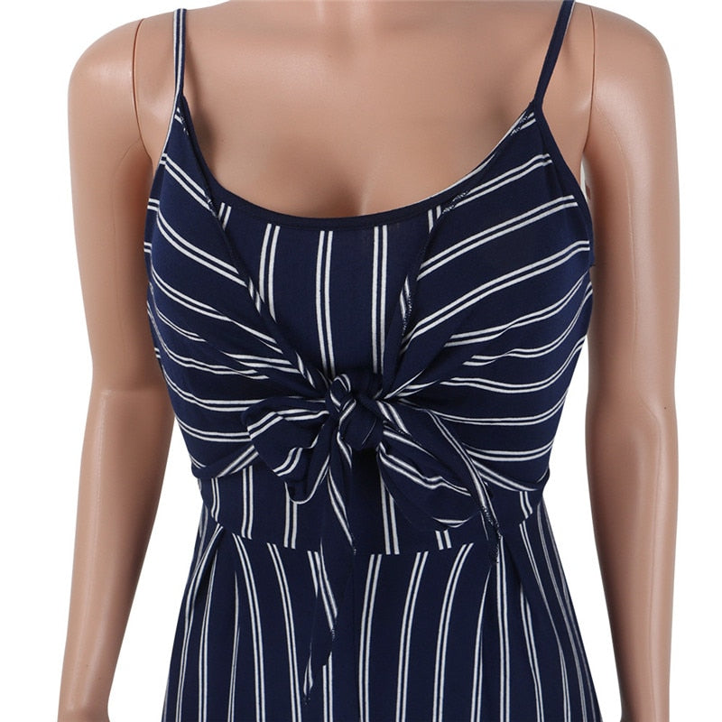 Blue Stripe Backless Jumpsuit: Casual Charm with Seduction