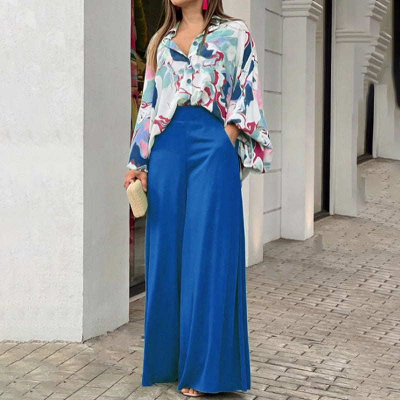 Elegant wide leg pants printed shirt casual set