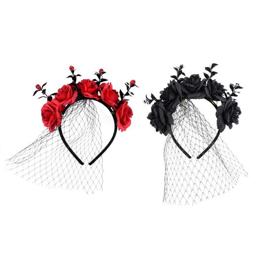 Halloween Dark Floral Rose Mesh Headband - Ghost Festival Party & Performance Accessory