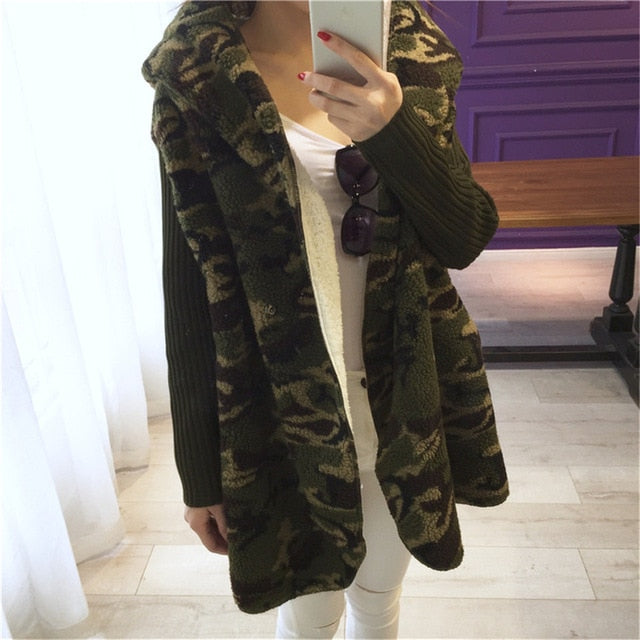 Loose Lamb Wool Cardigan Solid Color Hooded Long Fashion Coat Knitted Sleeve Stitching Warm Jacket