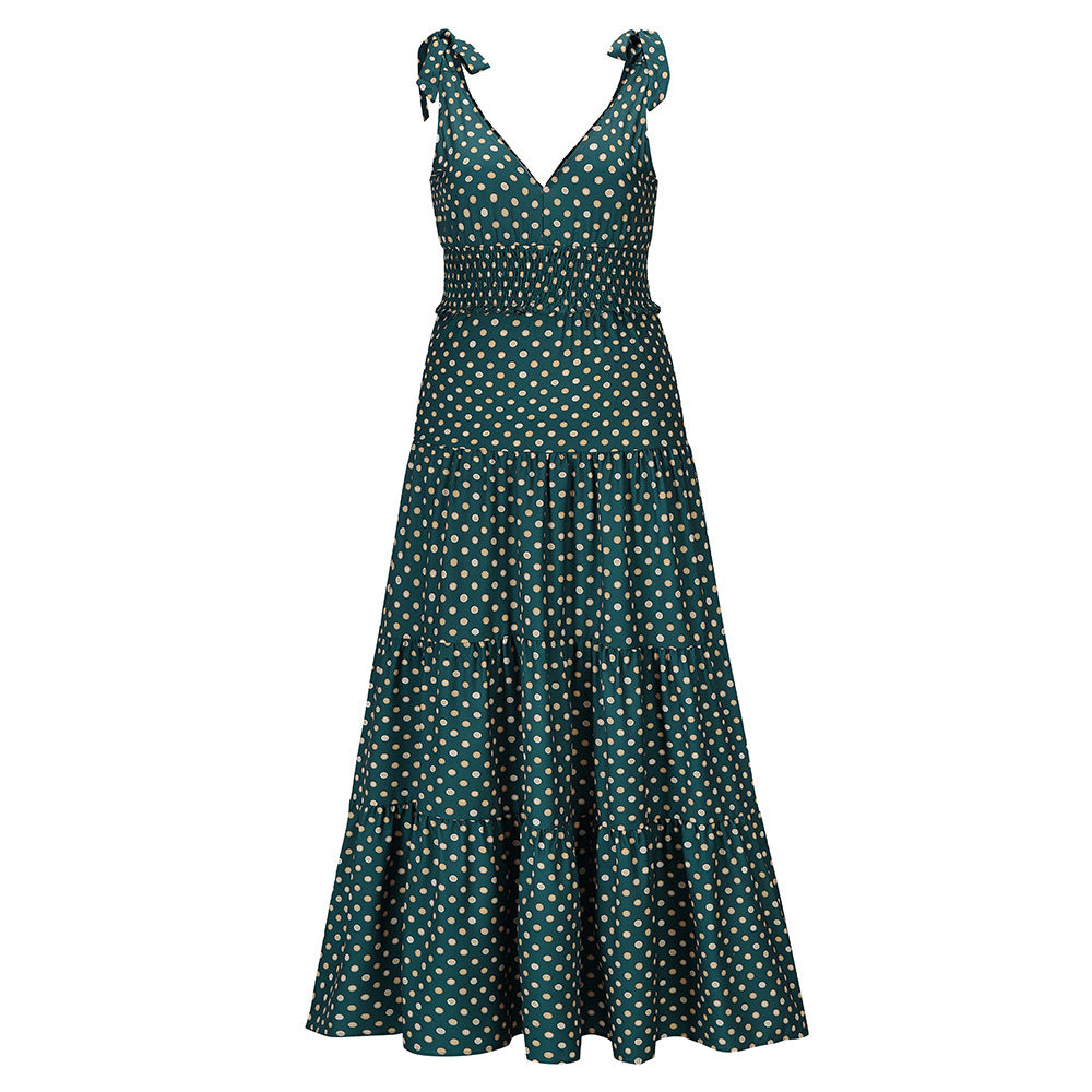 Polka Dot V-Neck Suspender Slim Fit Large Swing Long Dress