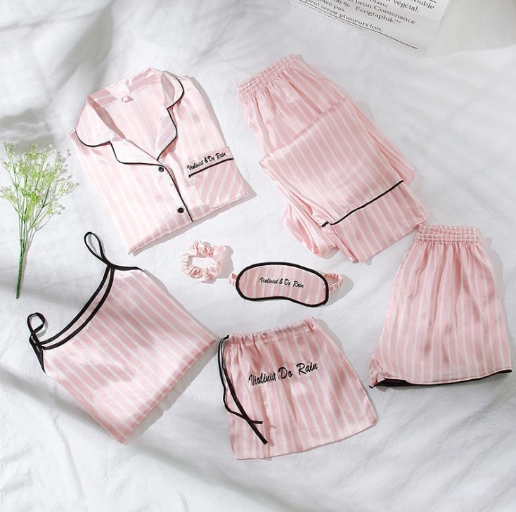 Pink 7-Piece Striped PJ Set: Women's Summer Casual Loungewear