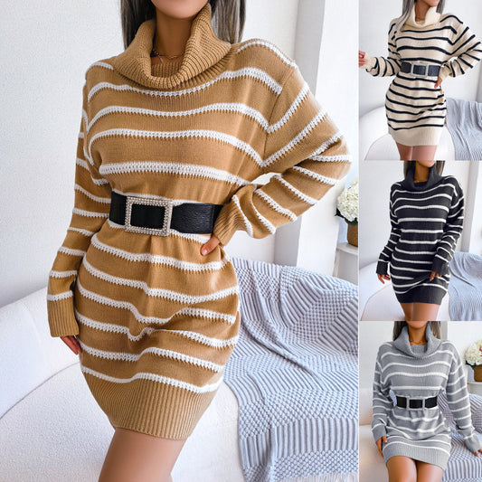 High Collar Striped Wool Dress