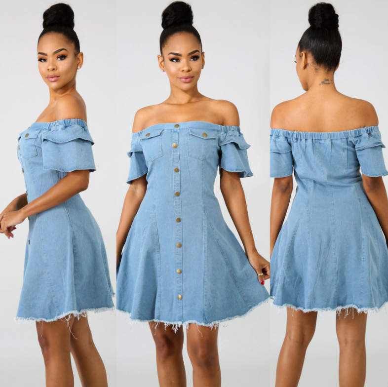 Button Slash Neck Mini Dress