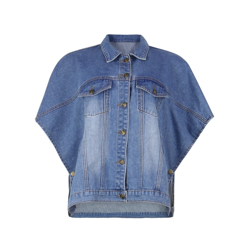 Denim Diva Delight: Batwing Sleeve Buttoned Jeans Jacket - Your Streetwear Essential for Effortless Autumn Chic