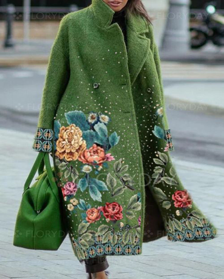 Beautiful Long Sleeve Lapel Printed Woolen Coat