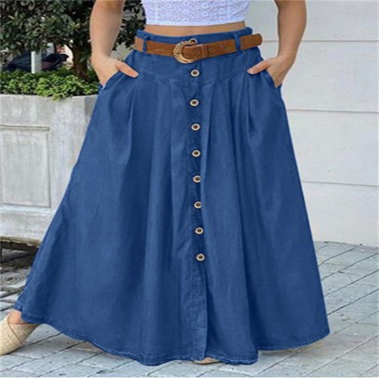 This Fall Long Skirt Button High Waist Solid Color Pocket Casual Skirt