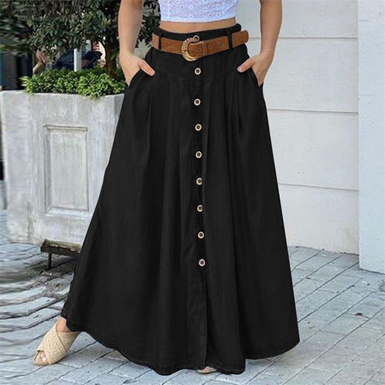 This Fall Long Skirt Button High Waist Solid Color Pocket Casual Skirt