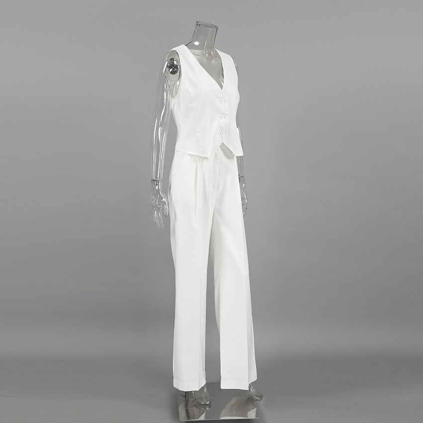 Elegant White V-Neck Sleeveless Vest and Trousers