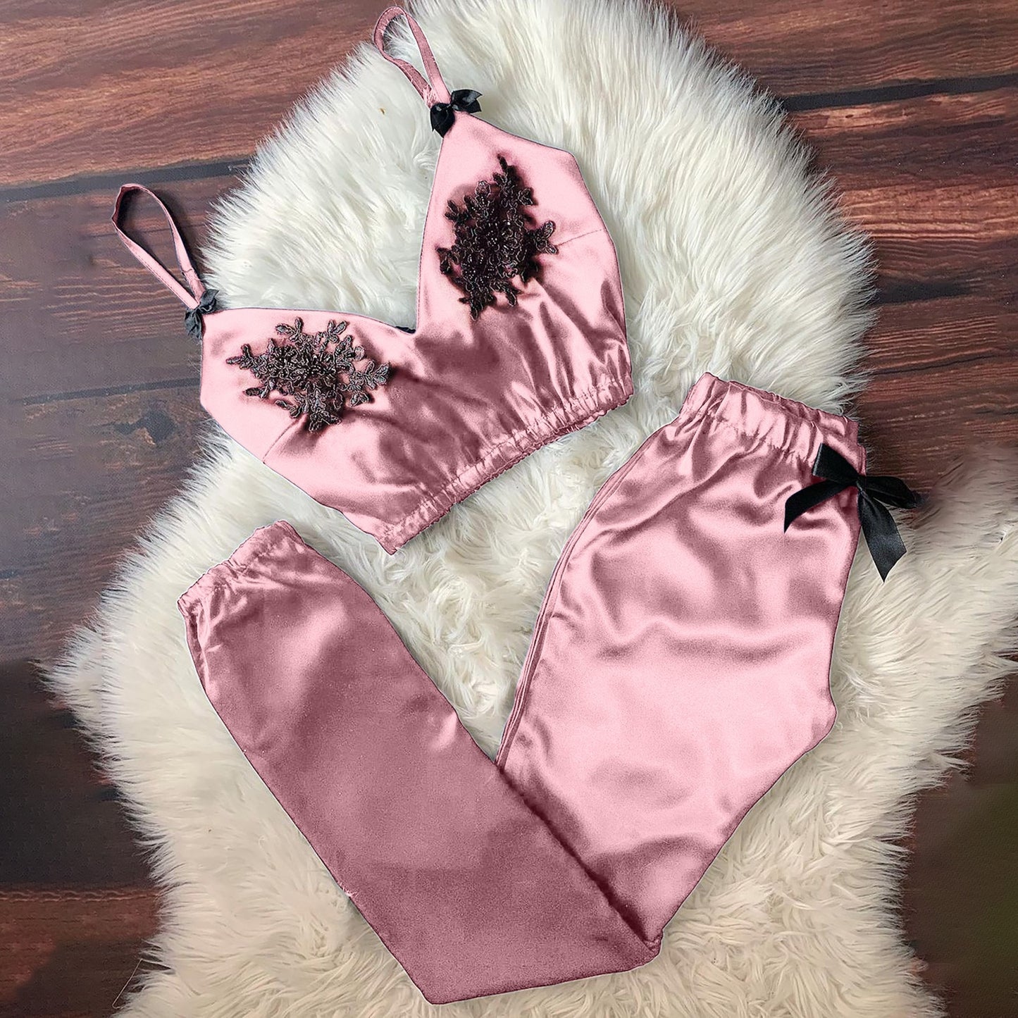 Women Bra Top Pajamas Suit V-Neck Eyelash Lace Sexy Stain Camisole Pajamas Bowknot Long Pants Set Pajamas pijama invierno