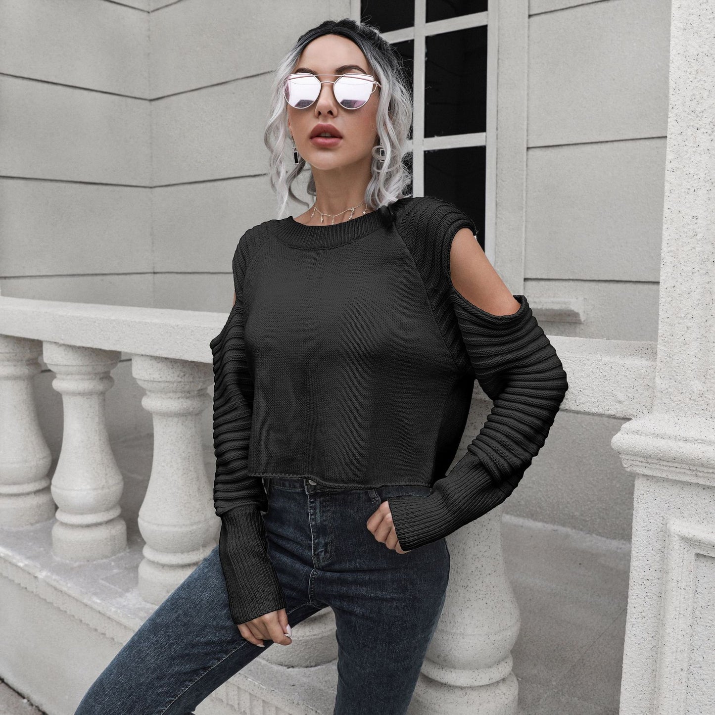 Chic Off-Shoulder Short Sweater: Contemporary Elegance with Edgy Design Sensibility