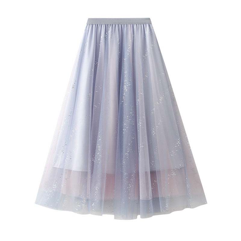 Mesh Large Swing A-line Skirt Flash Yarn Fairy Skirt High Waist Slim Long Skirt