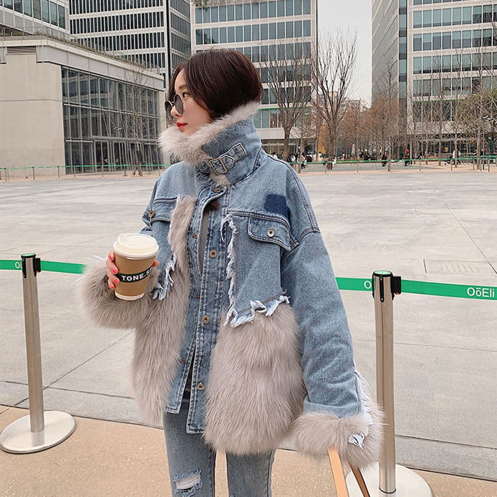 Winter New Denim Stitching Fur Coat Imitation Wool Loose Wool Plus Cotton Thick Cotton Coat