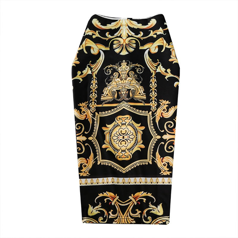 Chic Euro Vibes: Unveil Autumn Glamour with the European Print Pencil Skirt - Stretchable, Abstract, and Perfectly Midi!