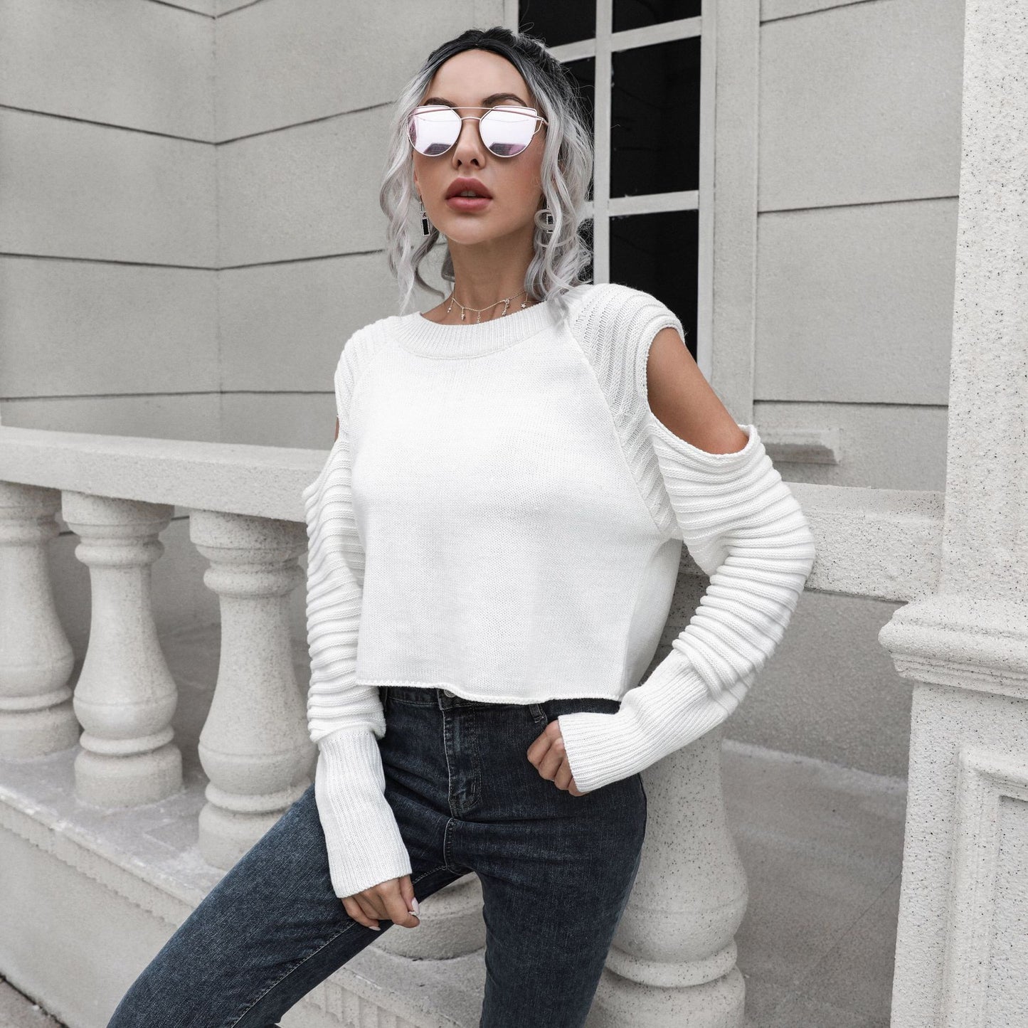 Chic Off-Shoulder Short Sweater: Contemporary Elegance with Edgy Design Sensibility