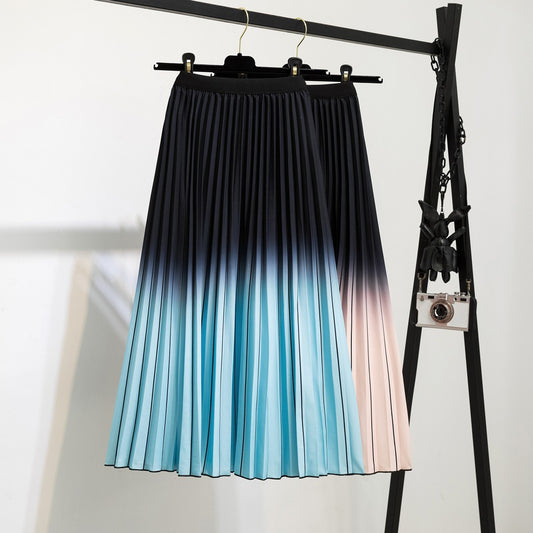 Swing into Style: Embrace the Mid-Length Pleated Skirt - Effortlessly Elegant Elastic Waist Pleats with Two Shades of Chic!