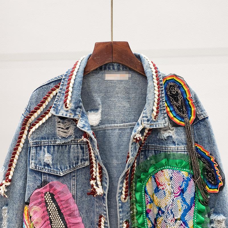 Spring Women Streetwear Patch Denim bomber Jacket Female Personality Short Diamonds Jacket Tassel Jean Coat