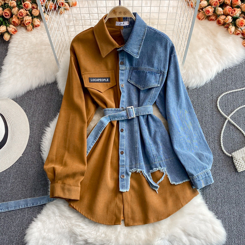 Denim Panel Lapel Dress