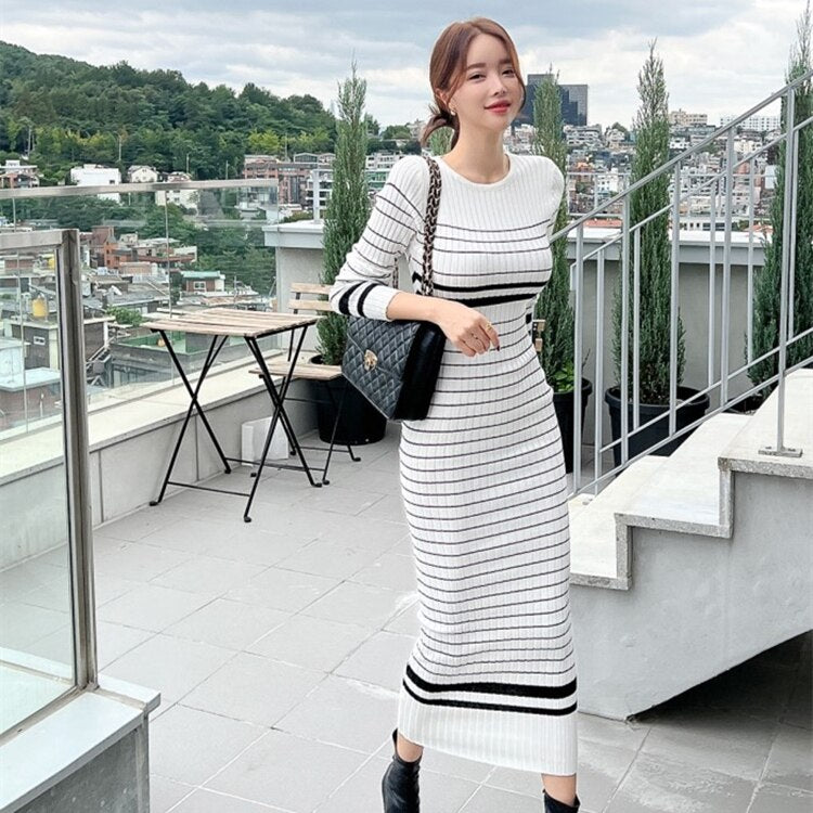 Elegance in Stripes: Korean Slim Knitted Sweater Dress for Chic and Casual Days