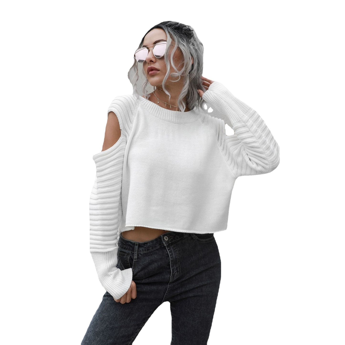 Chic Off-Shoulder Short Sweater: Contemporary Elegance with Edgy Design Sensibility