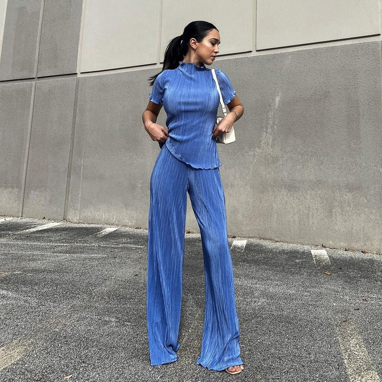 High waisted blue pleated mop pants casual set