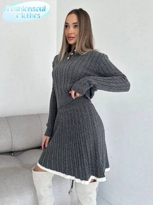 The Bella Knitted Two-Piece Set – Long Sleeve Button Top & Pleated Mini Skirt