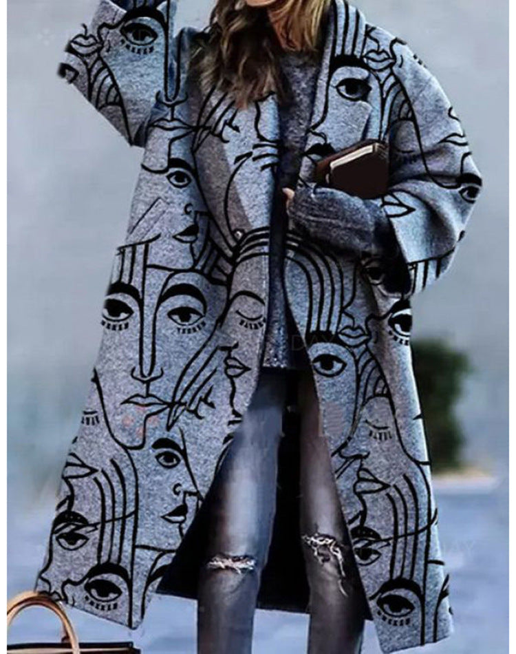 Beautiful Long Sleeve Lapel Printed Woolen Coat