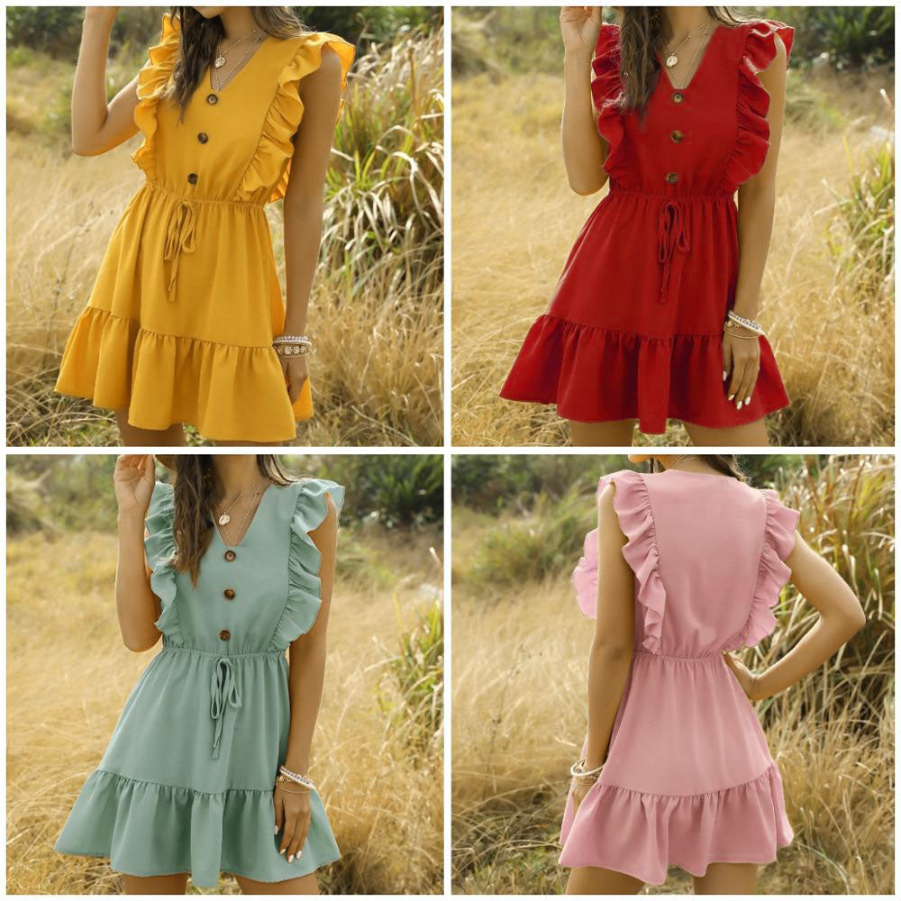 Women Dress Ruffle Off Shoulder Tunic High Waist Party V Neck Casual Boho Beach Yellow Women Summer Dress