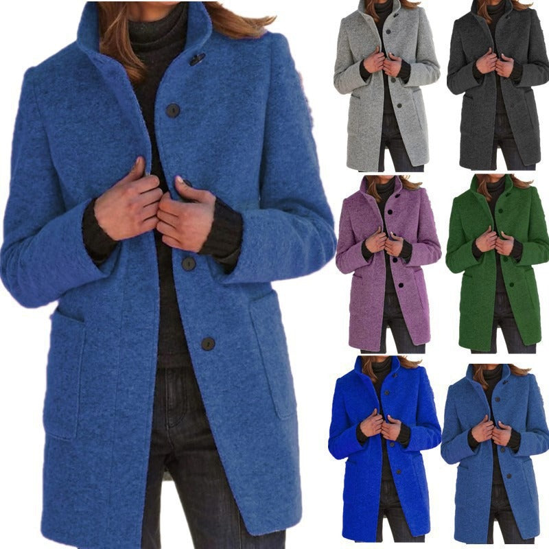 Autumn and Winter Perfect Retro Solid Button Standing Neck Woolen Coat