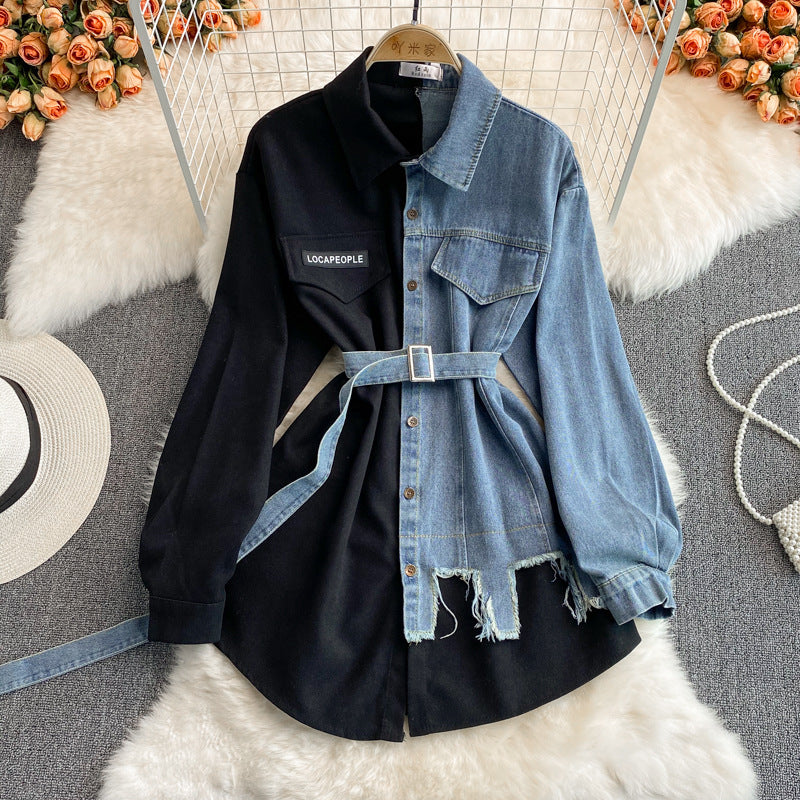 Denim Panel Lapel Dress