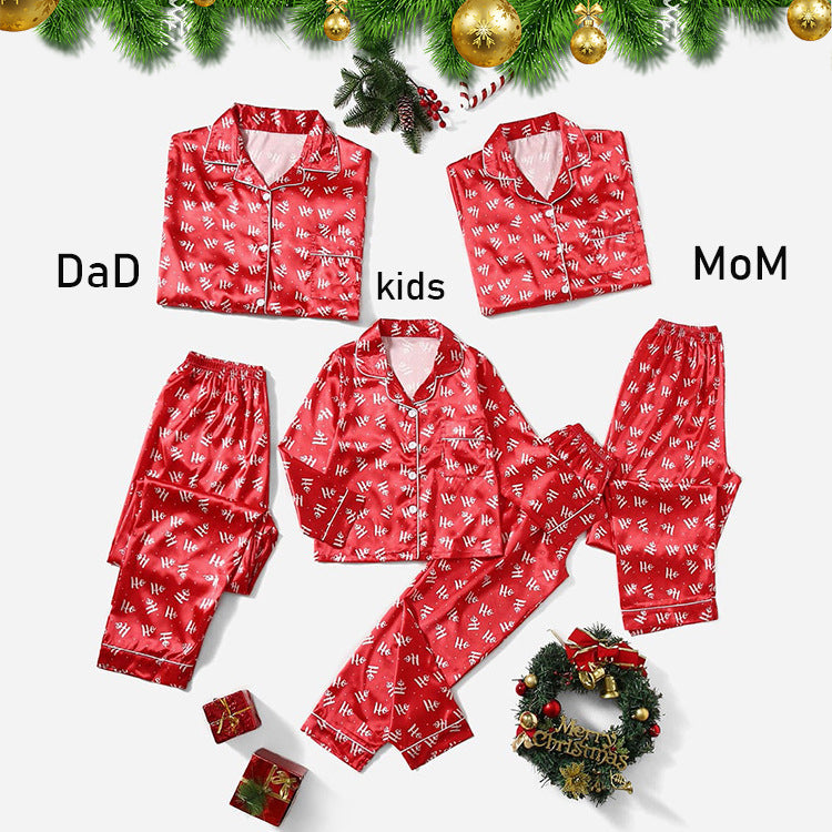 Christmas Coziness: Matching Solid Color Stripes Satin Simulation Silk Pajama Set for Parent-Child Wear