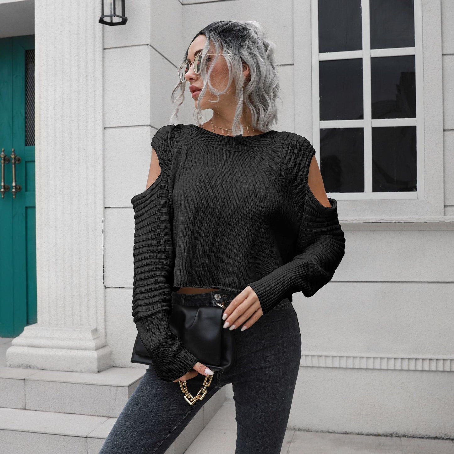 Chic Off-Shoulder Short Sweater: Contemporary Elegance with Edgy Design Sensibility