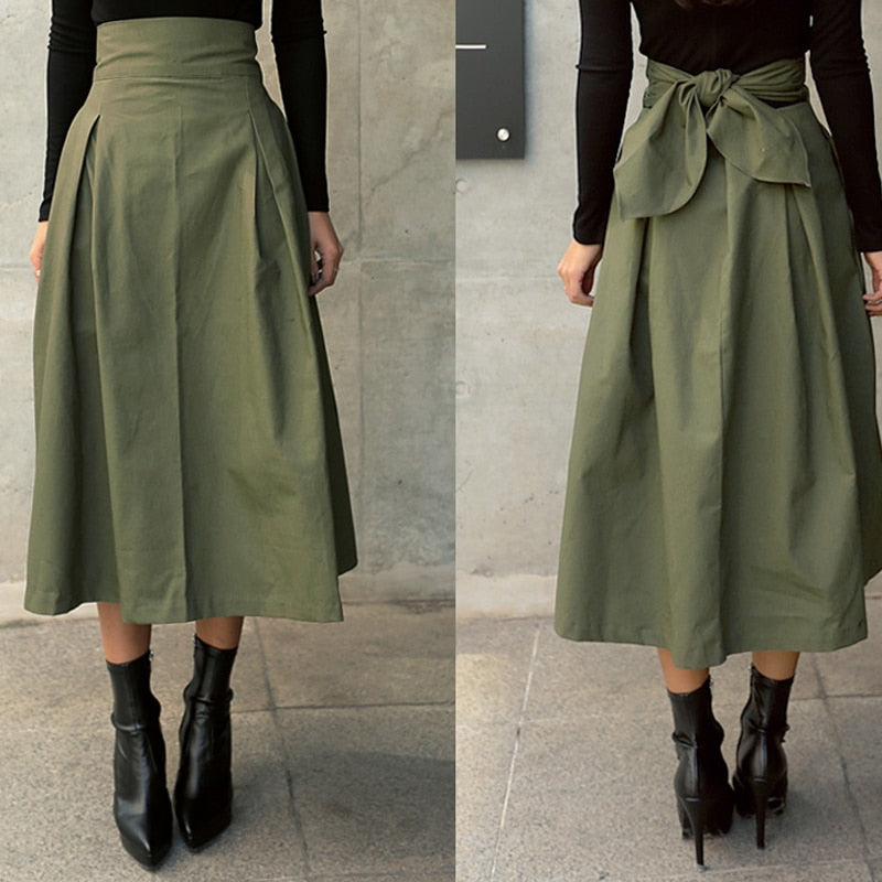 Wild High Waist Bow Big Swing Long Skirt