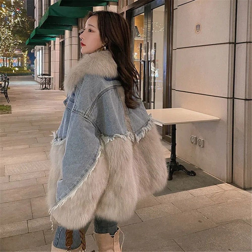 Winter New Denim Stitching Fur Coat Imitation Wool Loose Wool Plus Cotton Thick Cotton Coat