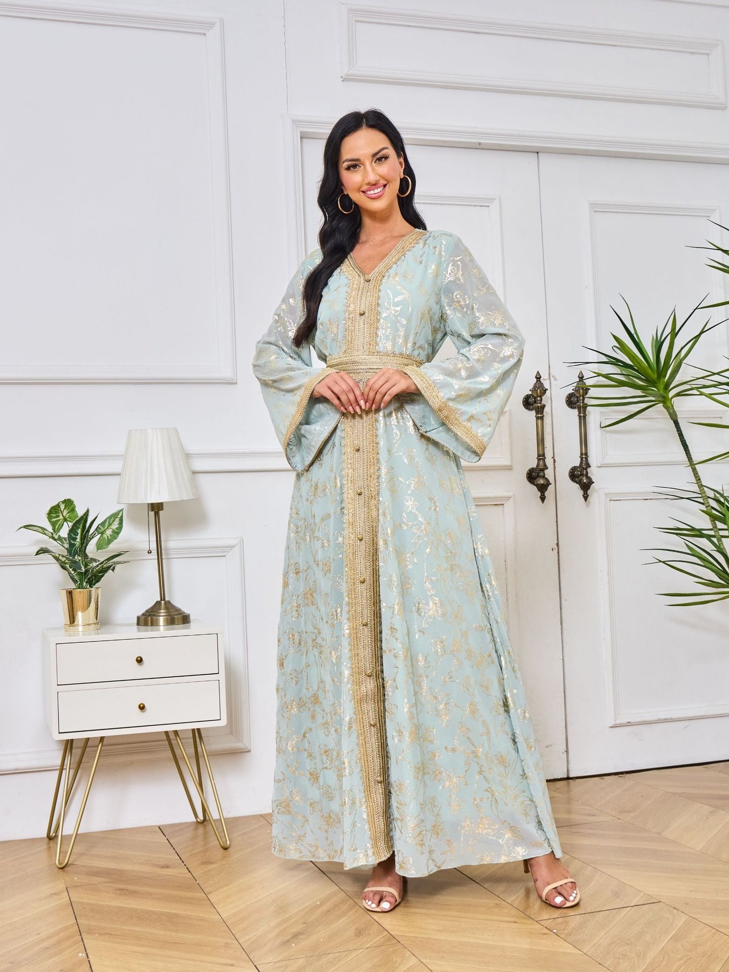 Flower Gold Stamping Moroccan Evening Robe