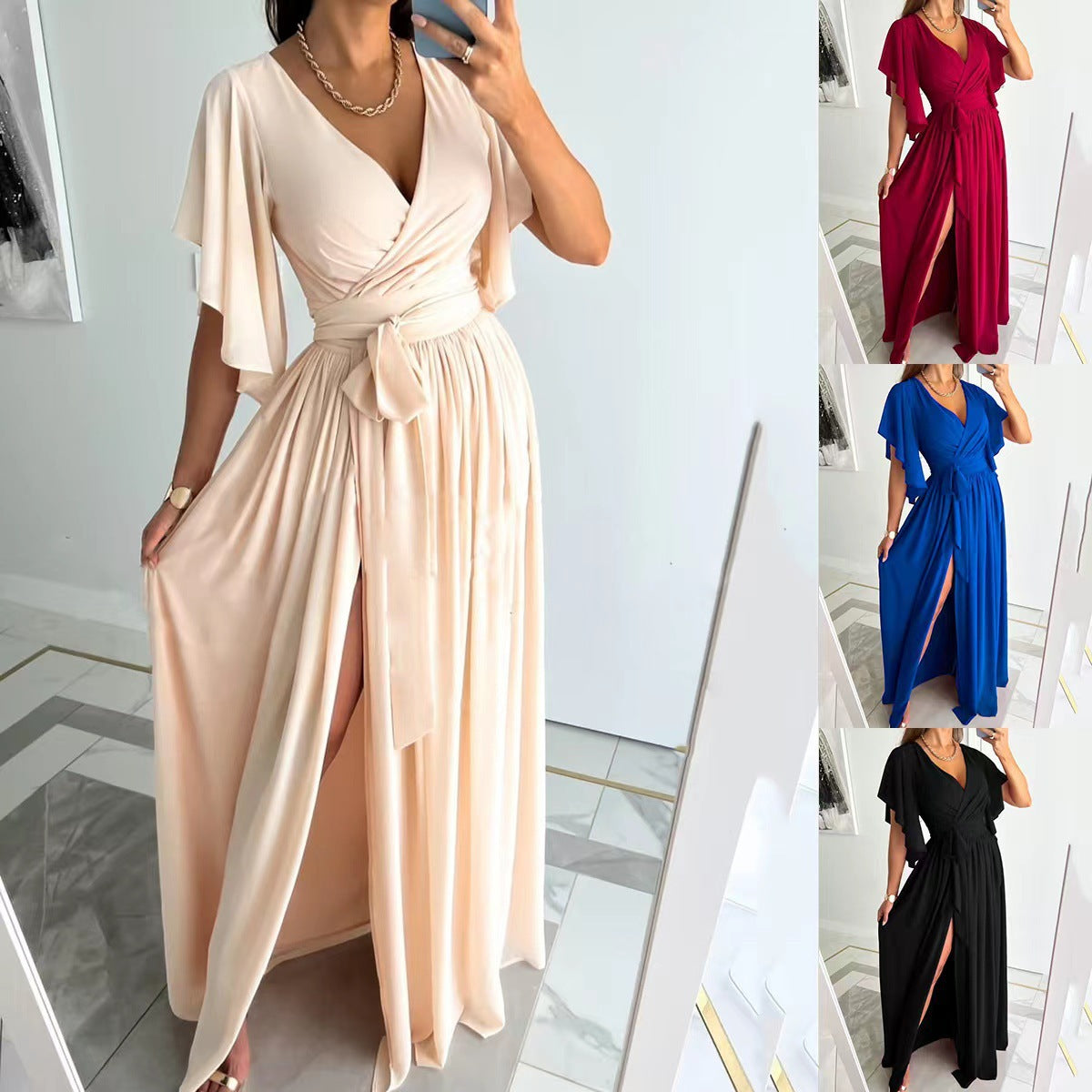 Chic Enchantment: Flared Sleeves V-Neck Long Dress - Effortless Elegance Redefined