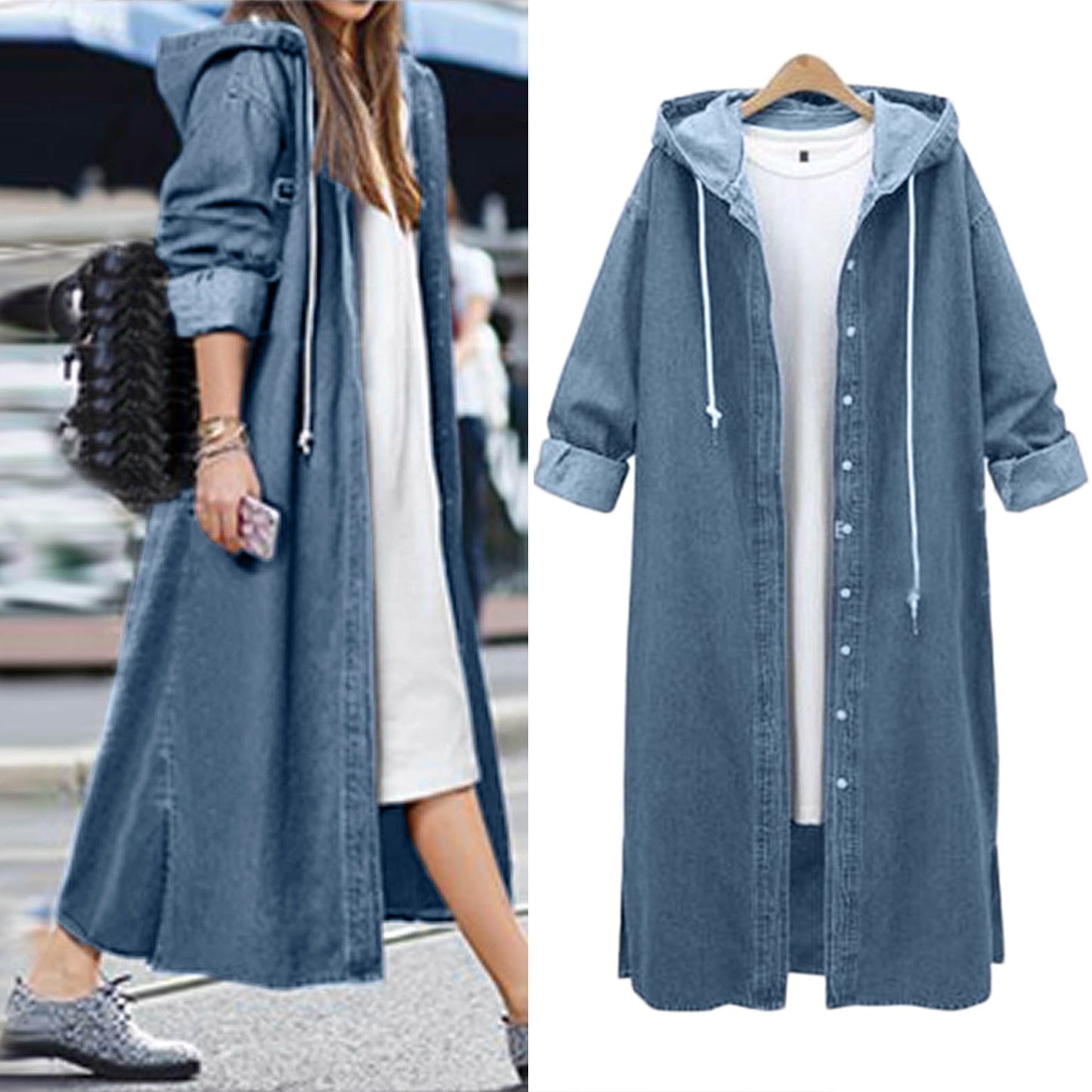 Winter Hooded Denim Coat: Women's Long Overcoat