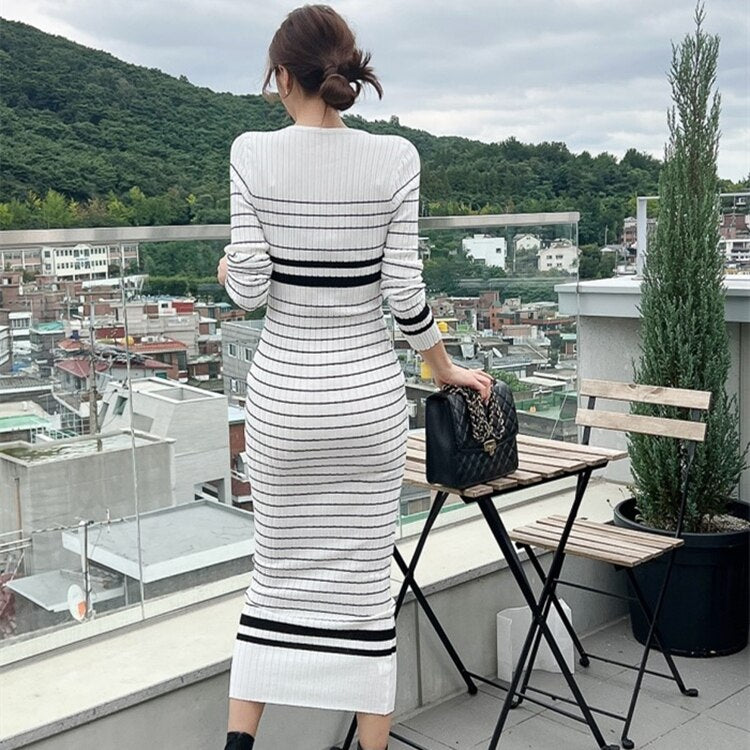 Elegance in Stripes: Korean Slim Knitted Sweater Dress for Chic and Casual Days