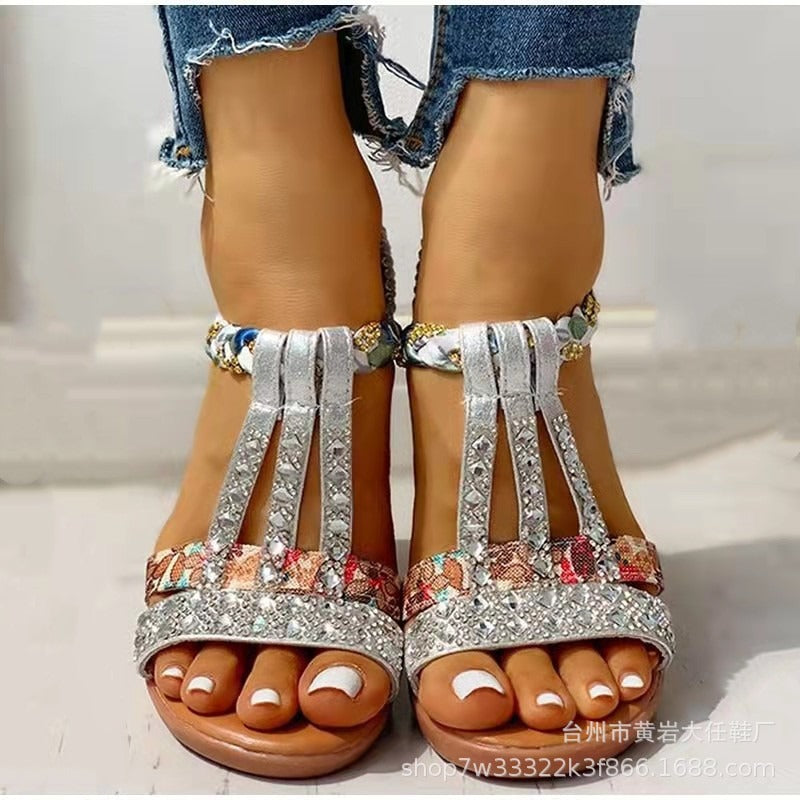 Bohemian style casual set foot water diamond slope heel round toe beach sandals for women