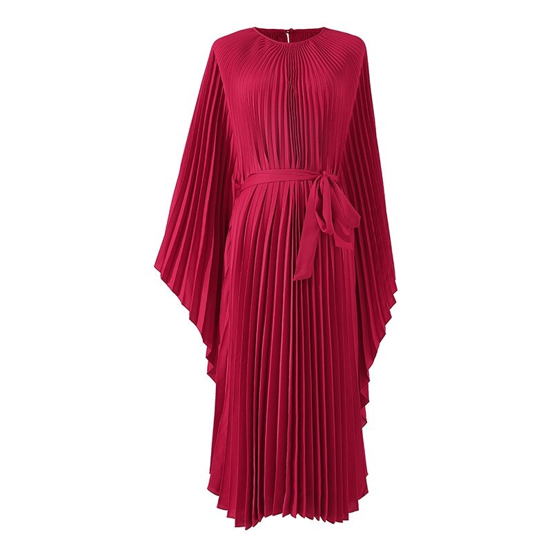 Designer Elegance: Oversized Solid O-Neck Pleated Dress for Chic Evenings and Beach Escapes