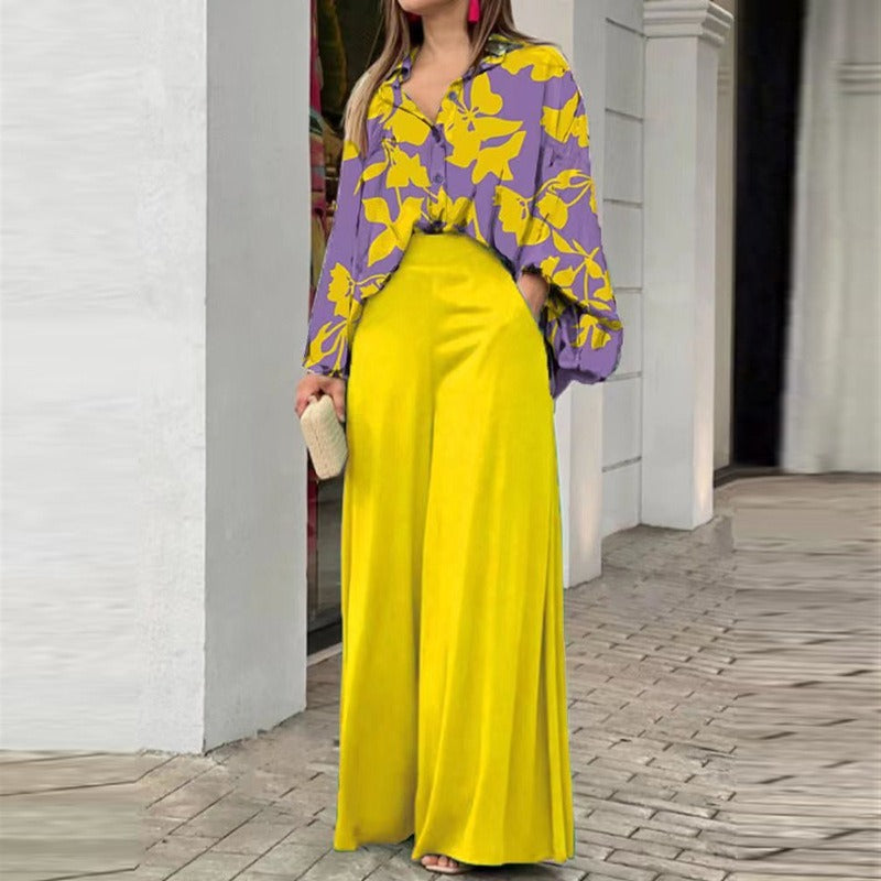 Elegant wide leg pants printed shirt casual set