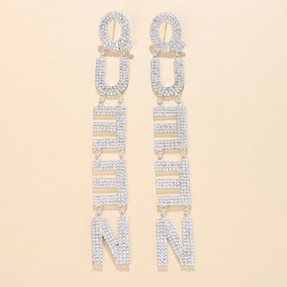 Exaggerate Your Personality with QUEEN Letter Long Earrings Adorned with Full Diamonds