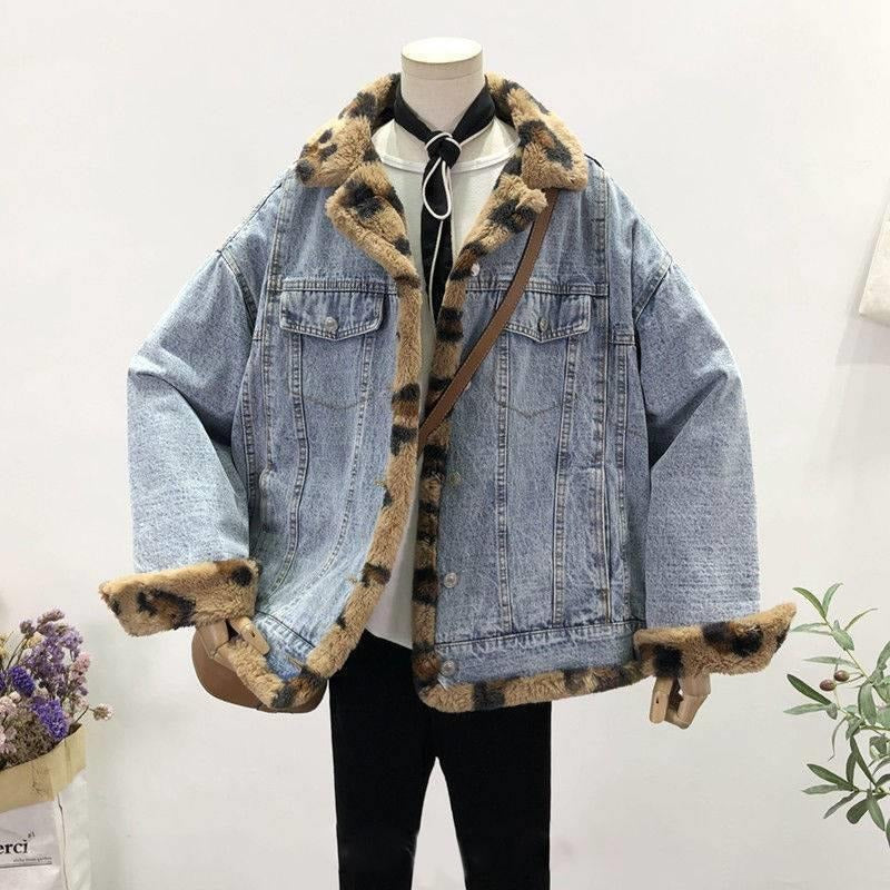 Lambswool Jacket Two Sides Wear Lambswool Denim Jacket Female Plus Down Thickened Furry Casual Cotton Clothing Loose