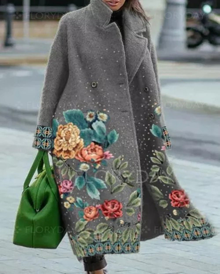 Beautiful Long Sleeve Lapel Printed Woolen Coat