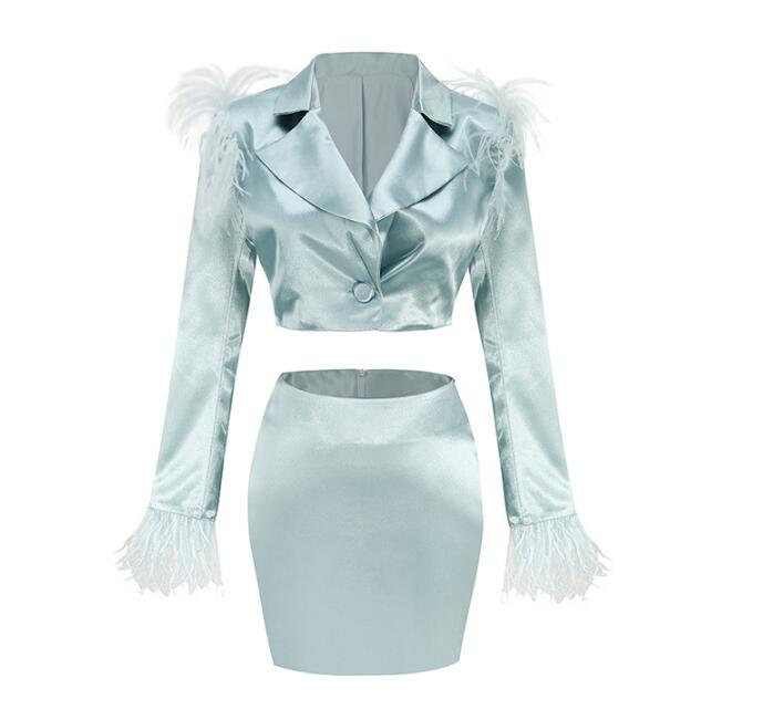 Long Sleeve Feather Short Blazer and Skirt Top